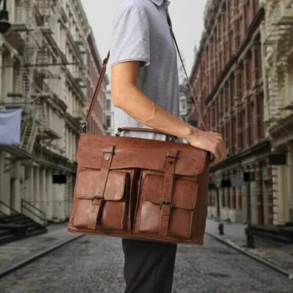 NEW Leather Messenger Bag for Men 15.6 Inch Vintage Laptop Briefcase Brown - Picture 6 of 7